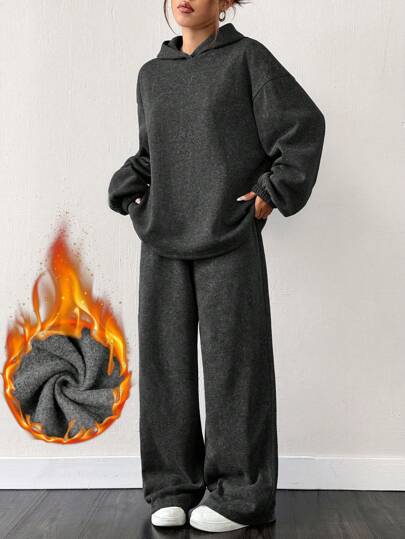 SHEIN EZwear Set de 2 piezas - Sudadera con capucha raglan negra sobredimensionada forrada térmicamente y pantalón ancho de chándal