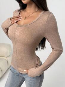 Flirla Camiseta básica minimalista de manga larga con cuello en V y detalles decorativos con pliegues