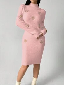 Chiquease 女士高领修身雪花细节长袖紧身连衣裙，秋冬