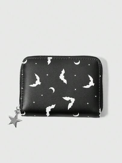 Gothic Dark Bat Print Compact Wallet, Halloween
