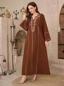 Al Najma Women's V-Neck Pullover Gold Embroidery Tunic & Traditional Long Dress Kaftan Jalabiya Dress - Brown - View 3