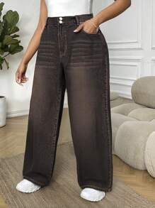 SHEIN SXY 大码休闲洗水做旧宽松牛仔裤 - 深色水洗藍 - 查看 6