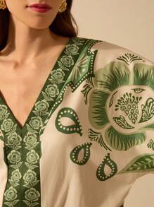 CAJUNI Women's Boho Green Tropical Plant Print, Deep V-Neck Apricot One-Piece Suit, Vacation Leisure Summer Beach Bodysuit - Multicolor - View 6