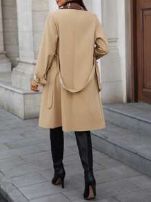SHEIN Clasi Abrigo de gabardina para mujer con cintura entallada y cuello de cuadros, minimalista - Caqui - Ver 2