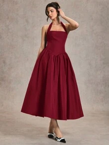 SHEIN BAE 优雅女士长裙，适合日常约会和外出，秋夏喇叭裙 - 酒紅色 - 查看 3