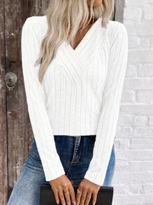 EMERY ROSE LUNE跨境电商秋冬新品V领天鹅绒罗纹女士毛衣 - 白色 - 查看 5