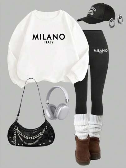 SHEIN Leap Crew 2pcs Tween Girl Casual Milano Print Sweatshirt And Pants Set, Long Sleeve Thickened Hoodie With Pants, Suitable For Autumn/Winter