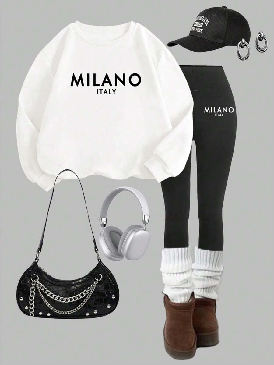 SHEIN Leap Crew 2 件 Tween Girl 休闲米兰印花运动衫和裤子套装，长袖加厚连帽衫配裤子，适合秋冬季 - 彩色 - 查看 1