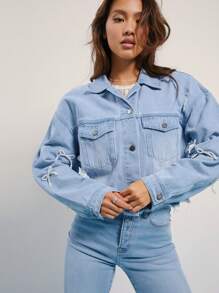 WESTFADE Faux Pearl Bow Embellished Cropped Denim Trucker Jacket