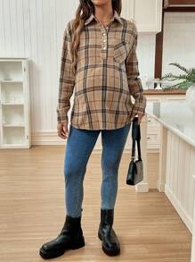 SHEIN 孕妇格子印花 Polo 领长袖休闲口袋衬衫 - 卡其色 - 查看 3