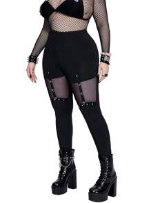 Whyspr 大码时尚高腰修身打底裤，配撞色网眼嵌件和金属扣装饰，打底裤