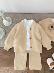 SHEIN LMoss Kids LMoss Baby Girl 2pcs Set, Autumn/Winter Cardigan And Wide Leg Pants, Lantern Sleeve Knit Sweater Outfit, Suitable For Outdoor, Shopping, Party And Other Occasions - Khaki - View 1