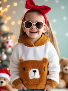 SHEIN Young Girl's & Young Girl's Reversible Fleece 3D Ear Bear Embroidered Sweatshirt, Suitable For Casual Daily Wear
