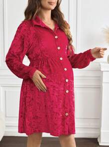 SHEIN Maternity Elegant Shirt Dress With Single Breasted, Long Sleeve, For Autumn - Burgundy - View 6