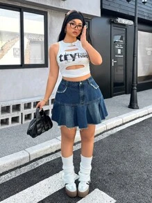 SHEIN EZwear Chân váy mini denim cỡ lớn, giản dị và thời trang để mặc hàng ngày - Rửa trung bình - Xem 5