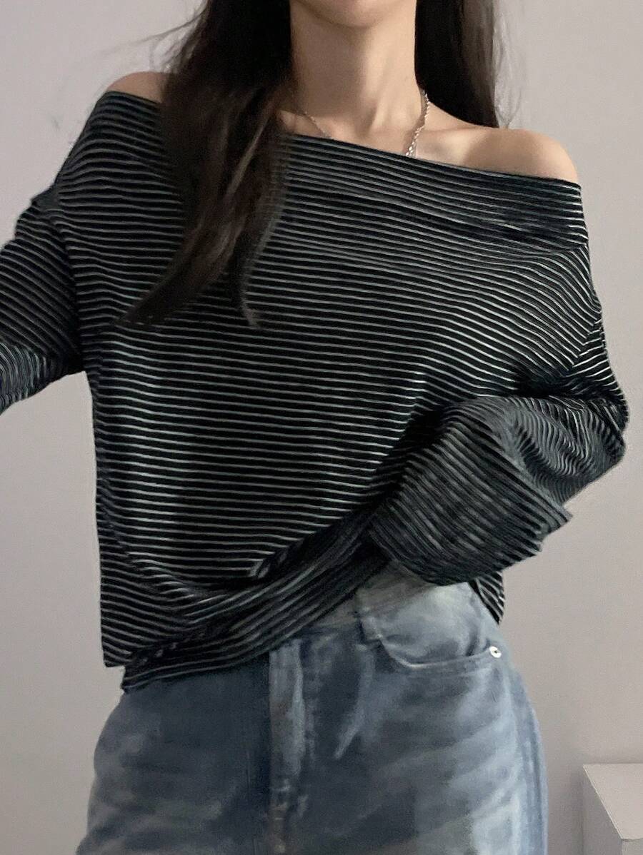 DAZY 女士露肩条纹宽松长袖 T 恤，春/夏/秋季