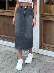 EURMUSE HIGH RISE MIDI LENGHT SLIT DETAIL GREY WOMEN DENIM SKIRT - Grey - View 5