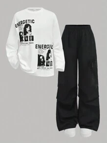 SHEIN Girlism Teen Girl's 2 Pieces/Set Spring, Autumn, Leisure Sports, Street Fashion Character Print 3D Oversized Off-Shoulder Long-Sleeved T-Shirt And Overalls, Wide-Leg Pants, Trousers