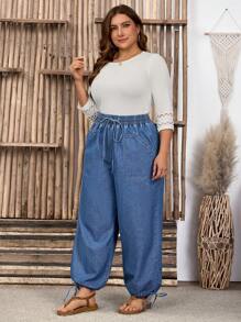 SHEIN LUNE Plus Size Women Waisted Belt Loop Pocket Wide Leg Loose Casual Denim Jeans