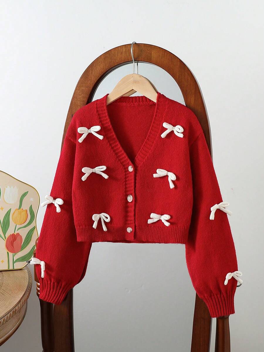 SHEIN Elladie kids Tween Girls 时尚休闲可爱柔软简约优雅 3D 蝴蝶结长袖短款红色开衫，适合居家、日常穿着、学校、户外、派对、秋冬季 - 紅色 - 查看 1