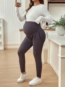 SHEIN Adjustable Waist Solid Color Casual Maternity Leggings - Dark Grey - View 4