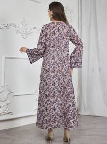 Al Najma Vestido con escote redondo, estampado con flores mixtas y ribete de color liso, con pañuelo para la cabeza, modesto