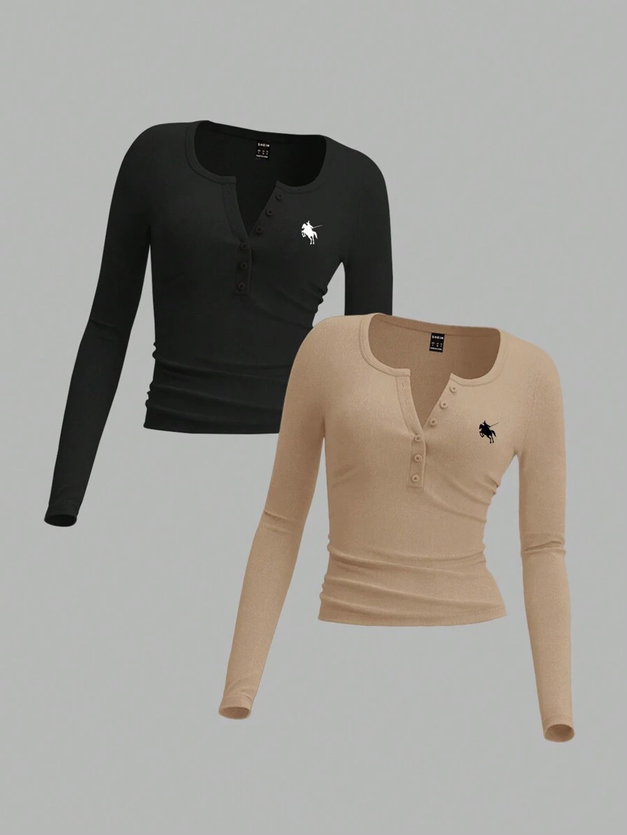 SHEIN EZwear Women Long Sleeve Fitted Front Button Basic Top, Casual Everyday Wear Spring