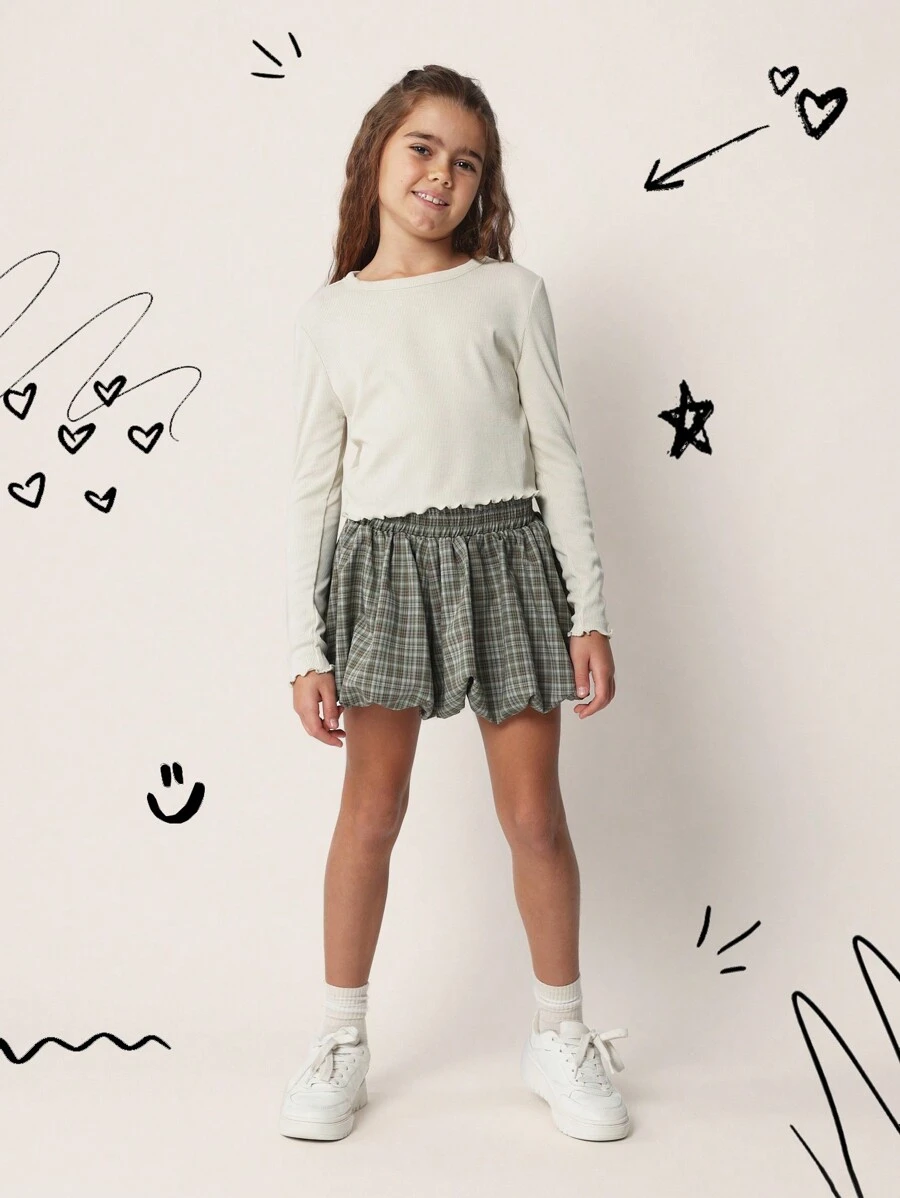 SUMWON Tween Mädchen bequemes langärmliges Ripp-Shirt mit kariertem Minirock mit Puffärmeln 2-teiliges Set