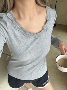 SHEIN Teen Girl's V-Neck Lace Trim Fitted Soft Comfortable Ribbed Long Sleeve Shirt, Grey Color - Grey - View 3