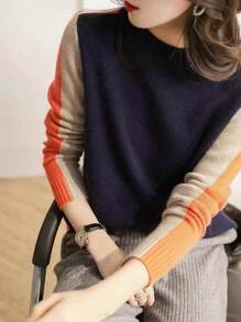 Women's Plain Color Block Crew Neck Long Sleeve Casual Top, Everyday Wear - Navy Blue - View 1