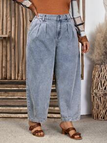 SHEIN LUNE Plus Size Women Pocket Pleated Tapered Casual Versatile Denim Pants