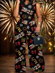 Slaydiva Casual Simple New 2025 Pattern Loose Fit Plus Size Jumpsuit, Suitable For Autumn/Winter - Black - View 4
