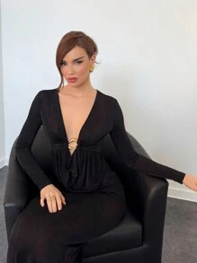 Aloruh Vestido largo casual de manga larga y ajuste delgado de unicolor para mujer - Negro - Ver 6