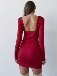 Aloruh Đầm dự tiệc hở lưng chữ V sâu Mini Micro Sexy dành cho nữ, màu đỏ rượu vang - Màu Đỏ Sâu - Xem 2