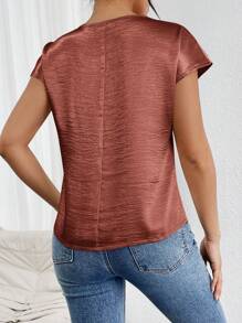 SHEIN Privé 女士纯色缎面蝙蝠袖衬衫 - 棕色 - 查看 2