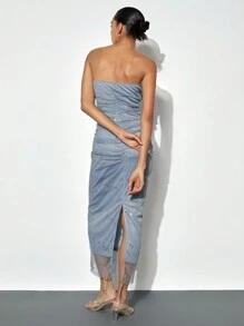 Maija Women's Light Gray Cut Out Mesh Two-Layer Dress, Modern Party/Holiday Essential, Sleeveless Dual Layer Design With Back Slit, Elegant Party Midi Dress