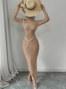 Rafferiza Women Crew Neck Long Sleeve Hollow Out Fitted Dress Fall Winter Cloth For Women - Dusty Pink - View 6