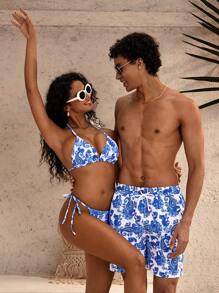 Manfinity VDAYZ 1 件男士休闲度假佩斯利花卉印花沙滩短裤情侣款泳装度假，夏威夷风 - 藍色 - 查看 5