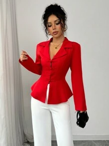 Elenzga Red Mandarin Collar Long Sleeve Shirt With Button Closure - Red - View 4