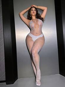Plus Size Sexy Mesh Bodysuit, 1pc