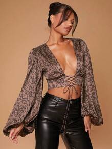 Hauture Blusa con cuello de pico, mangas globo y cordones, con estampado animal
