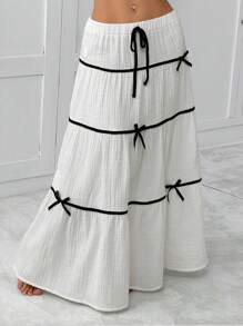 SHEIN EZwear Women's Color Block Front Tie Bow Decor Casual A-Line Skirt - White - View 6