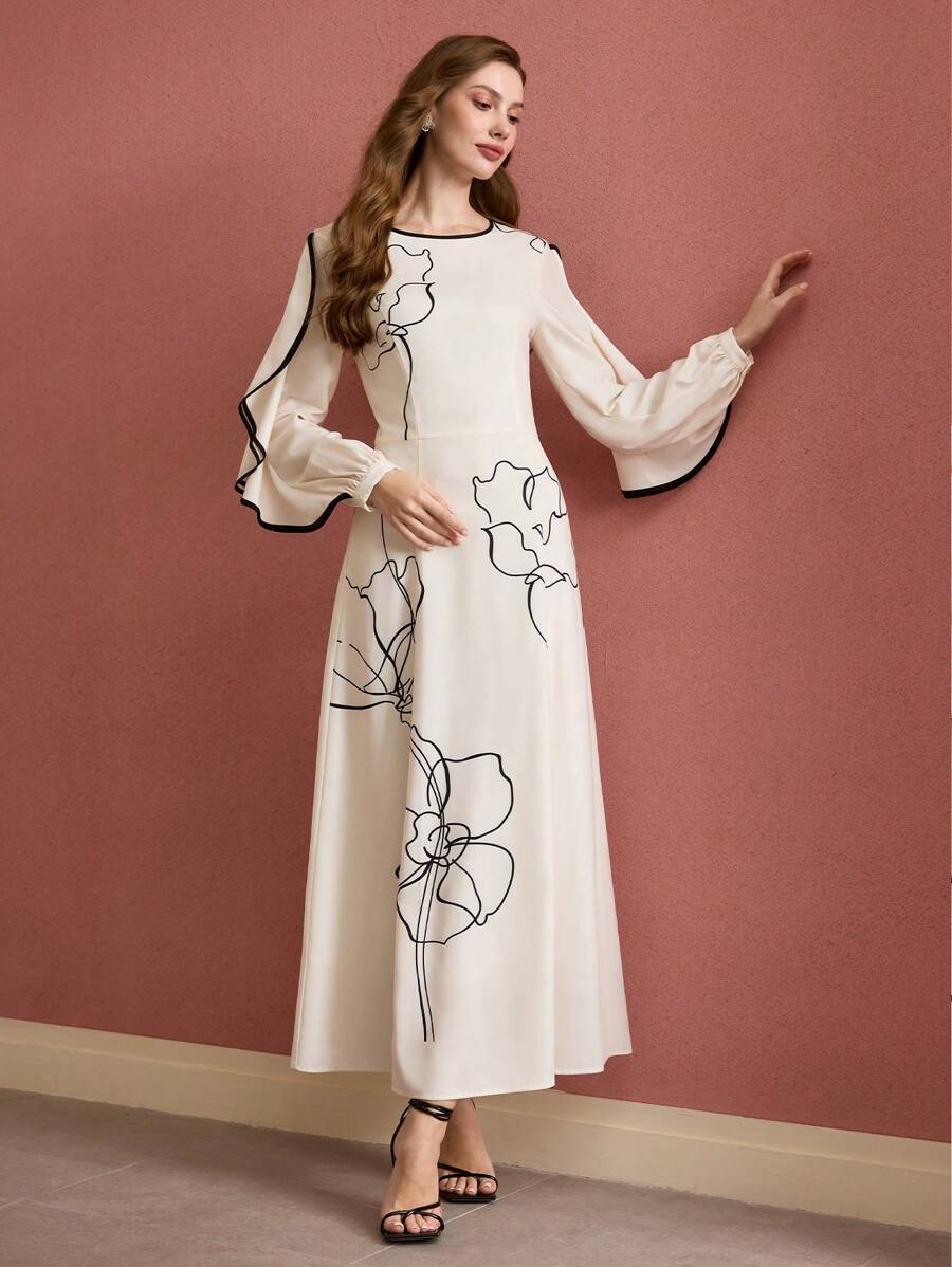 MOTF PREMIUM FLORAL PRINT RUFFLE TRIM DRESS, LONG SLEEVES, MAXI DRESS,SPRING/SUMMER