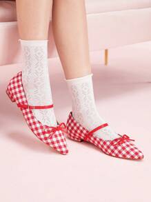 CUCCOO DOLLMOD Red And White Plaid Fabric Women's Pointed Toe Flat Shoes Valentine's Day - Red and White - View 6