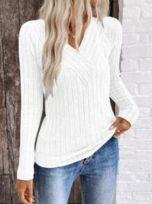 EMERY ROSE LUNE跨境电商秋冬新品V领天鹅绒罗纹女士毛衣 - 白色 - 查看 4