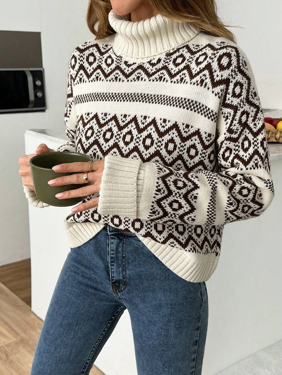 EURMUSE Oversized Turtleneck Fair Isle Pattern Winter Sweater - Beige - View 1