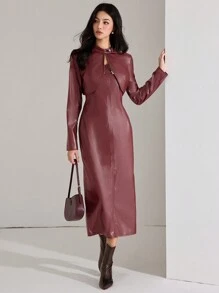 Heiryn 女士时尚纯色勃艮第红色皮革短款夹克搭配长裙 2 件套，秋冬 2 件套