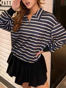 INAWLY 休闲落肩宽松条纹卫衣，秋季套头衫 - 黑與白 - 查看 4