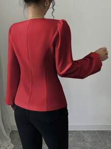 Elenzga 女士纯色方领褶皱泡泡袖优雅长袖衬衫 - 紅色 - 查看 2