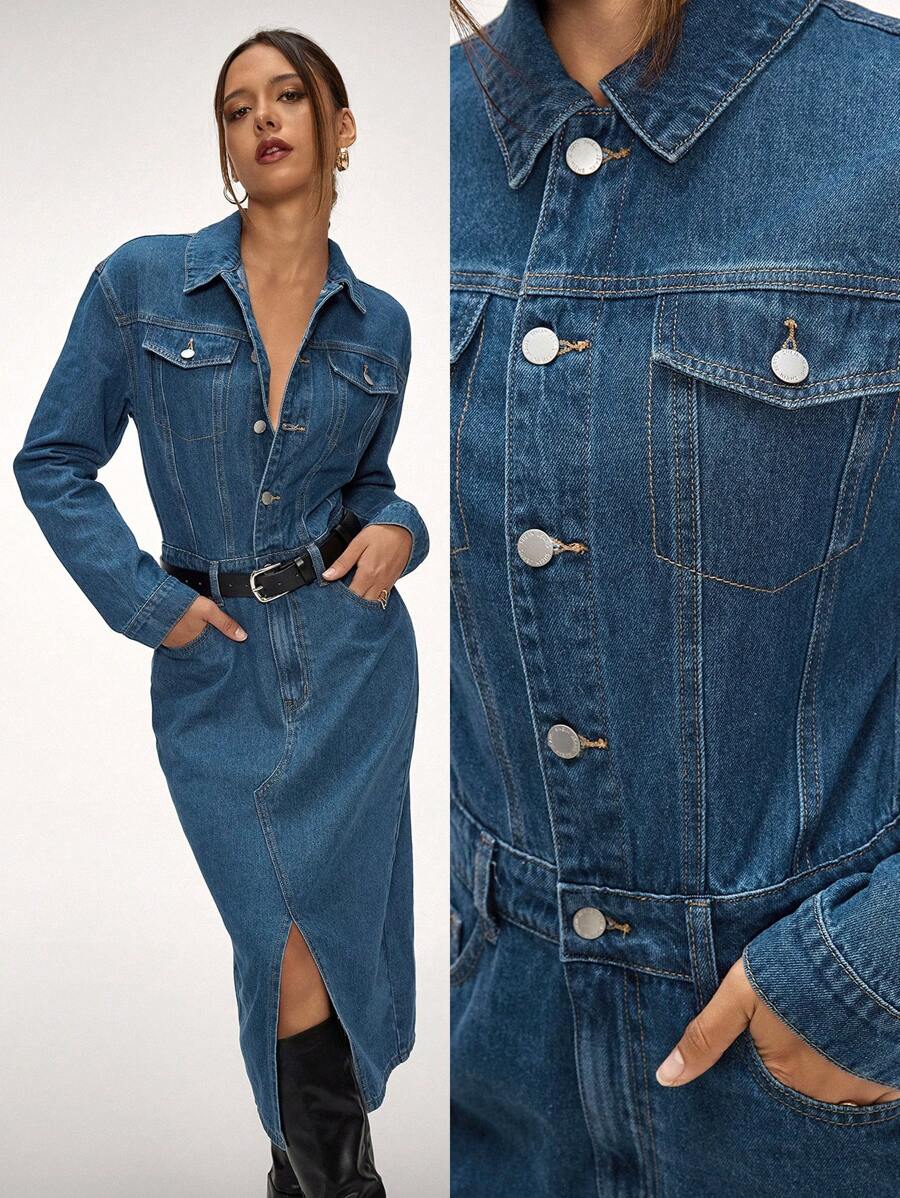 Forever 21 女士休闲牛仔连衣裙,简约时尚纯色,适合日常穿着 - 藍色 - 查看 1